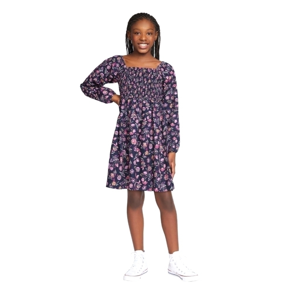 GAP KIDS Navy Floral Long Sleeve Smocked Pullover Dress 10/12 Grandmacore